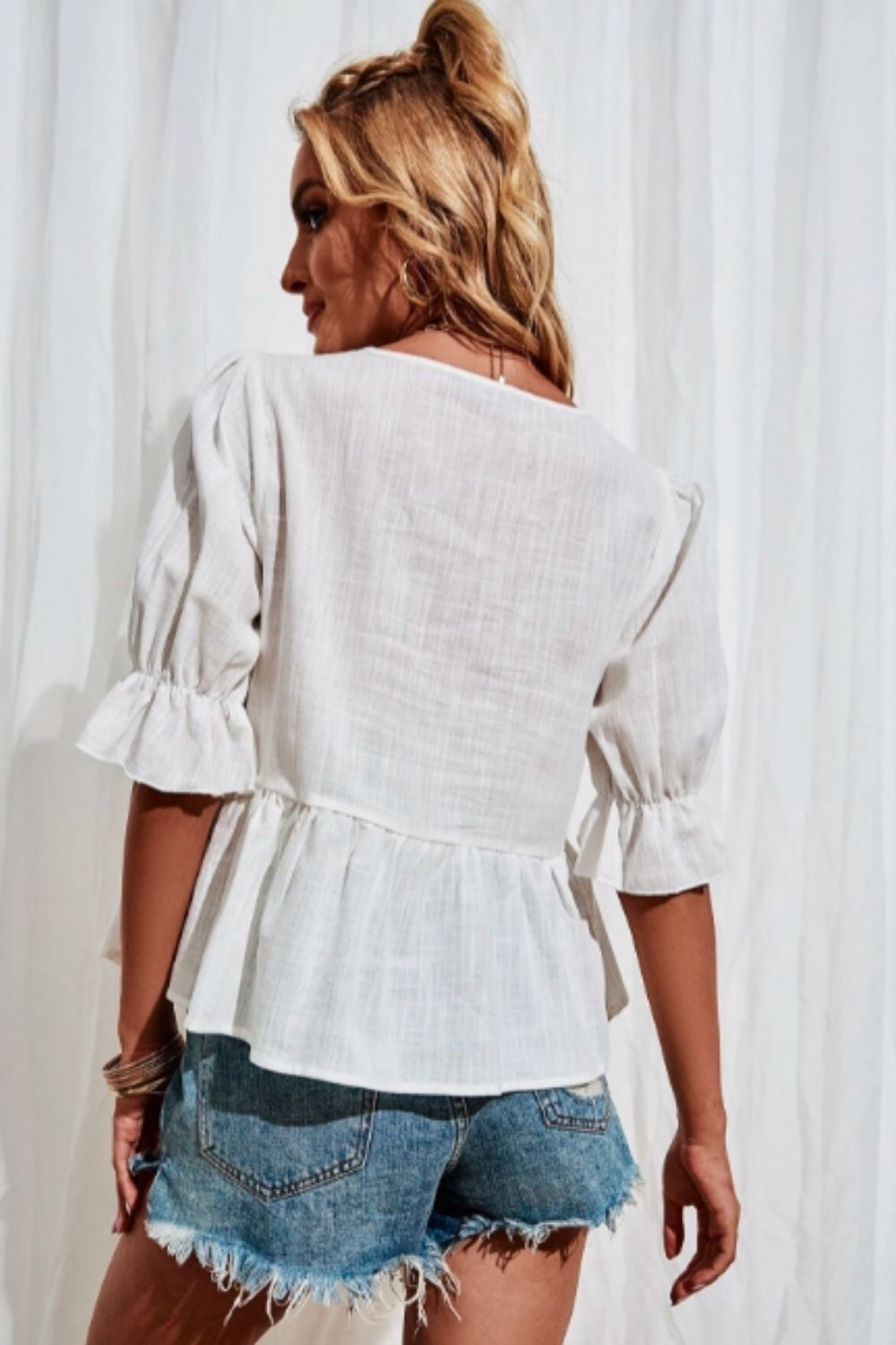 Flounce Sleeve Notched Babydoll Blouse