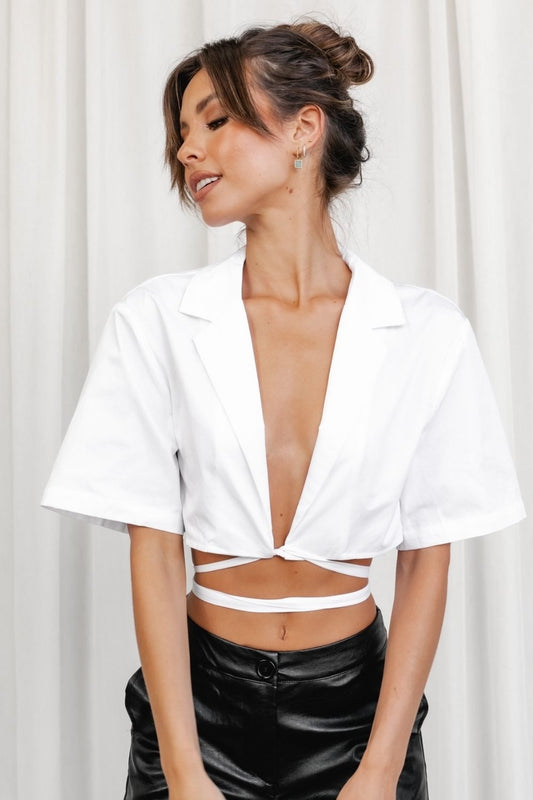 Notch Collar Plunge Neckline White Top