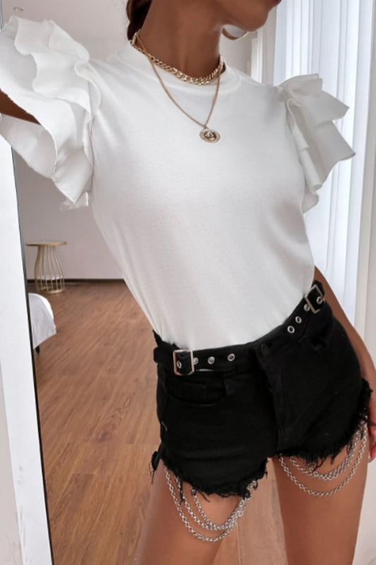 Ruffle Sleeve Mock Neck White Top
