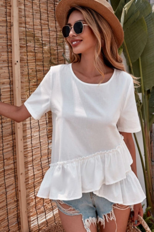 Solid Frill Trim Asymmetrical Babydoll Blouse