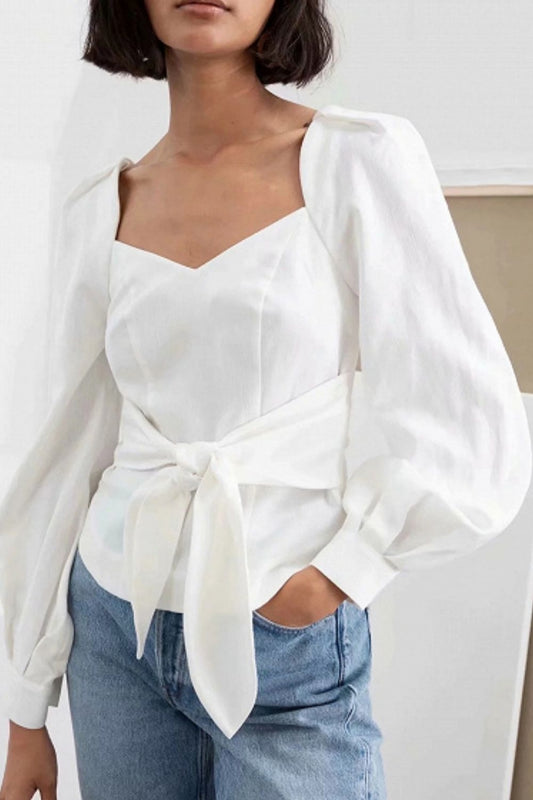 Sweetheart Neckline Full Sleeve White Top