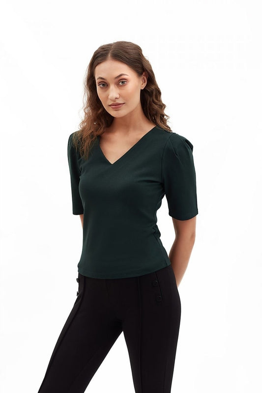 V Neckline Elbow Length Black Top
