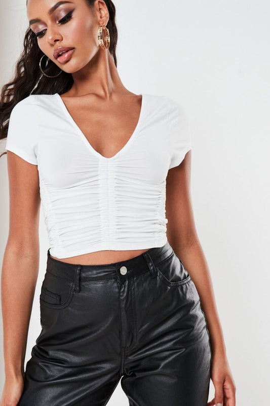 White Slinky Ruched Crop Top