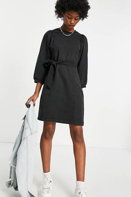 Dress With Puff Sleeve In Washed Black