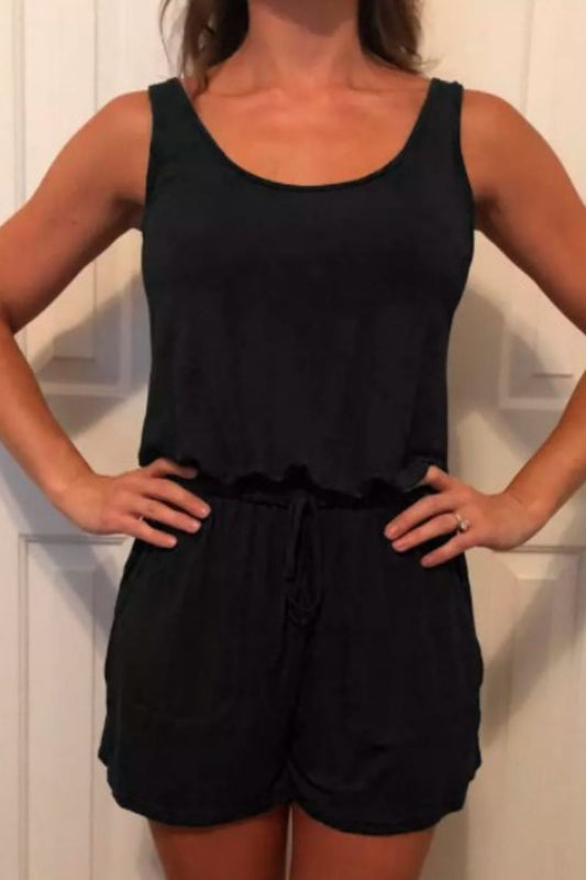 Drawstring Pocket Romper
 In Black