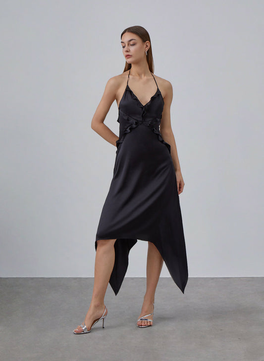 Black Ruffled Halter Neck Silky Dress