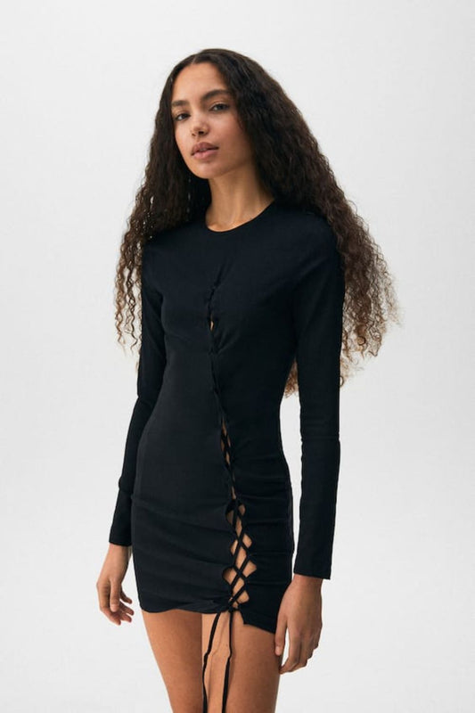 Black Short Dress With Lace-Up Cut-Out Detail