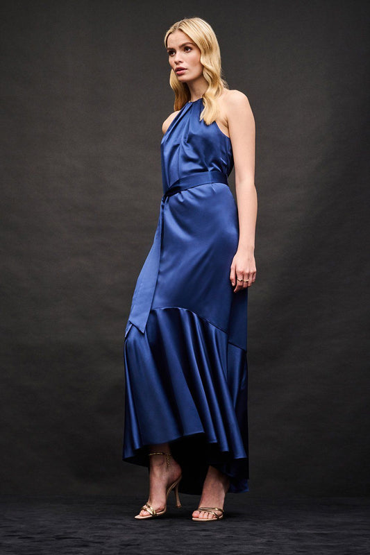 Blue Neck Belted Dress