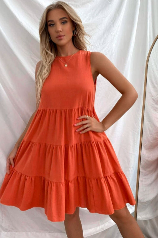 Keyhole Back Tiered Hem Solid Dress
