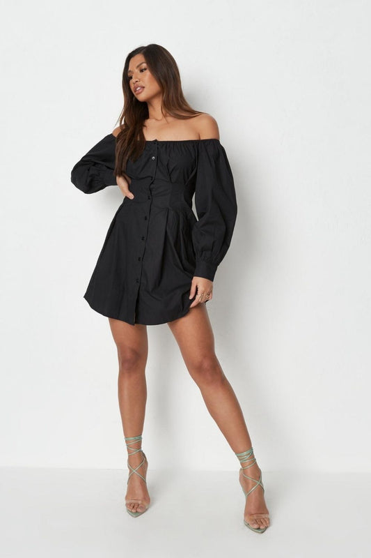 Off Shoulder Button Open Front Black Mini Dress