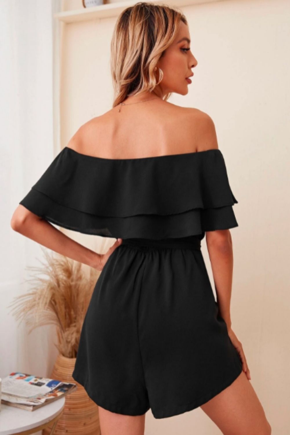 Off Shoulder Foldover Front Self Belted Romper