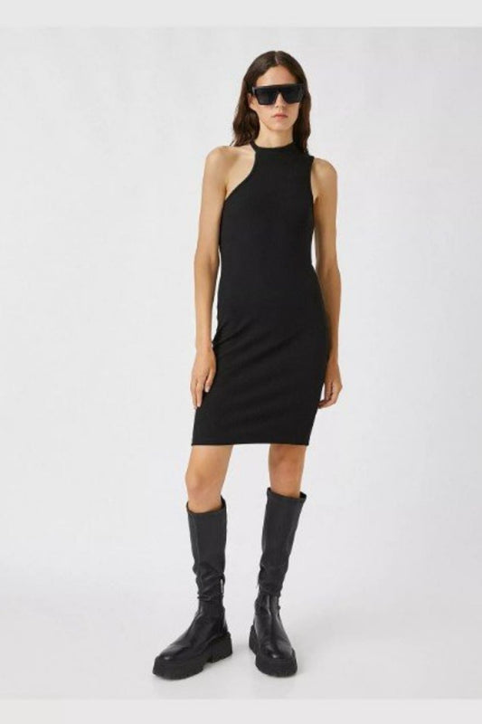 Oh No Asymmetric Shoulder Black Dress