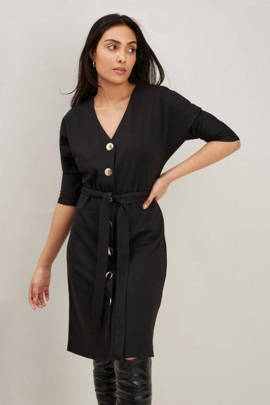 Petite Black Jersey Button Through Dress