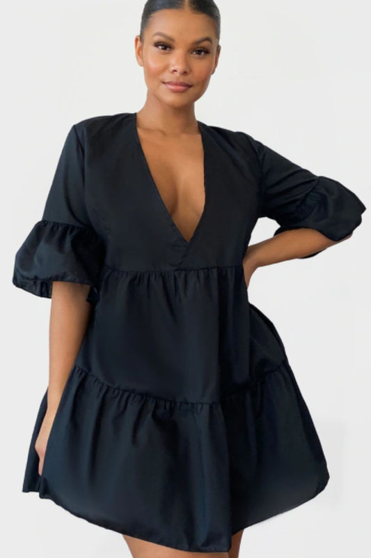 Plunge Neck Mini Flare Dress In Black