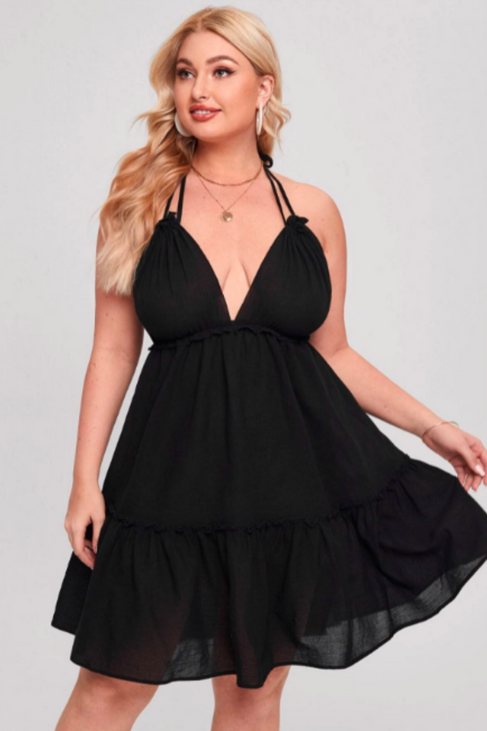 Plunge Neck Backless Flare Dress