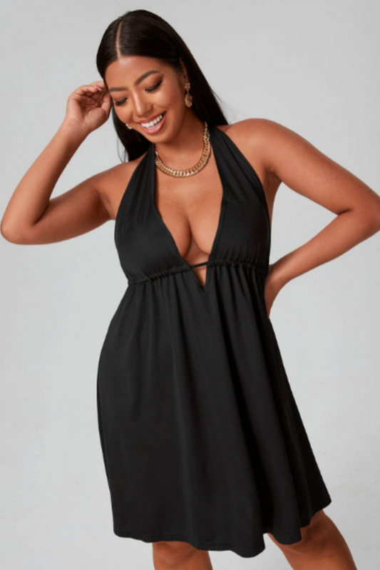 Plunge Neck Backless Flare Mini Dress