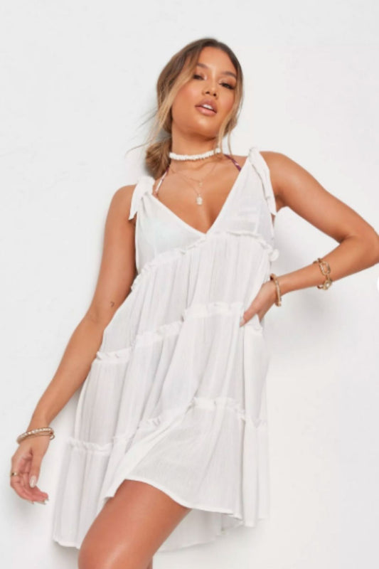 Plunge Neck Tie Shoulder Tier Dress