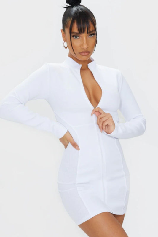 Plunging Neck White Full Sleeved Dress