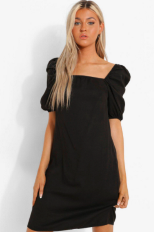 Puff Sleeved Shift Black Dress