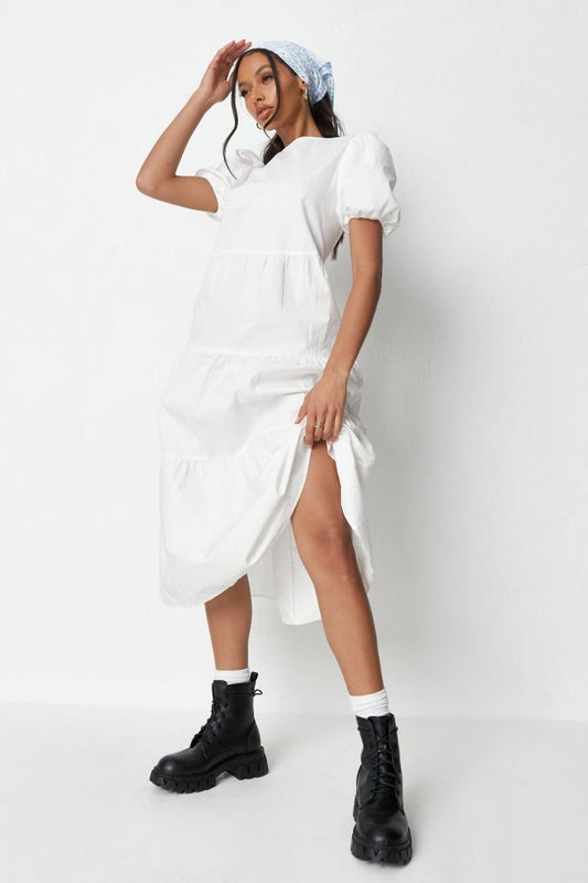 Puff Sleeved White Ruffle Midi Dress