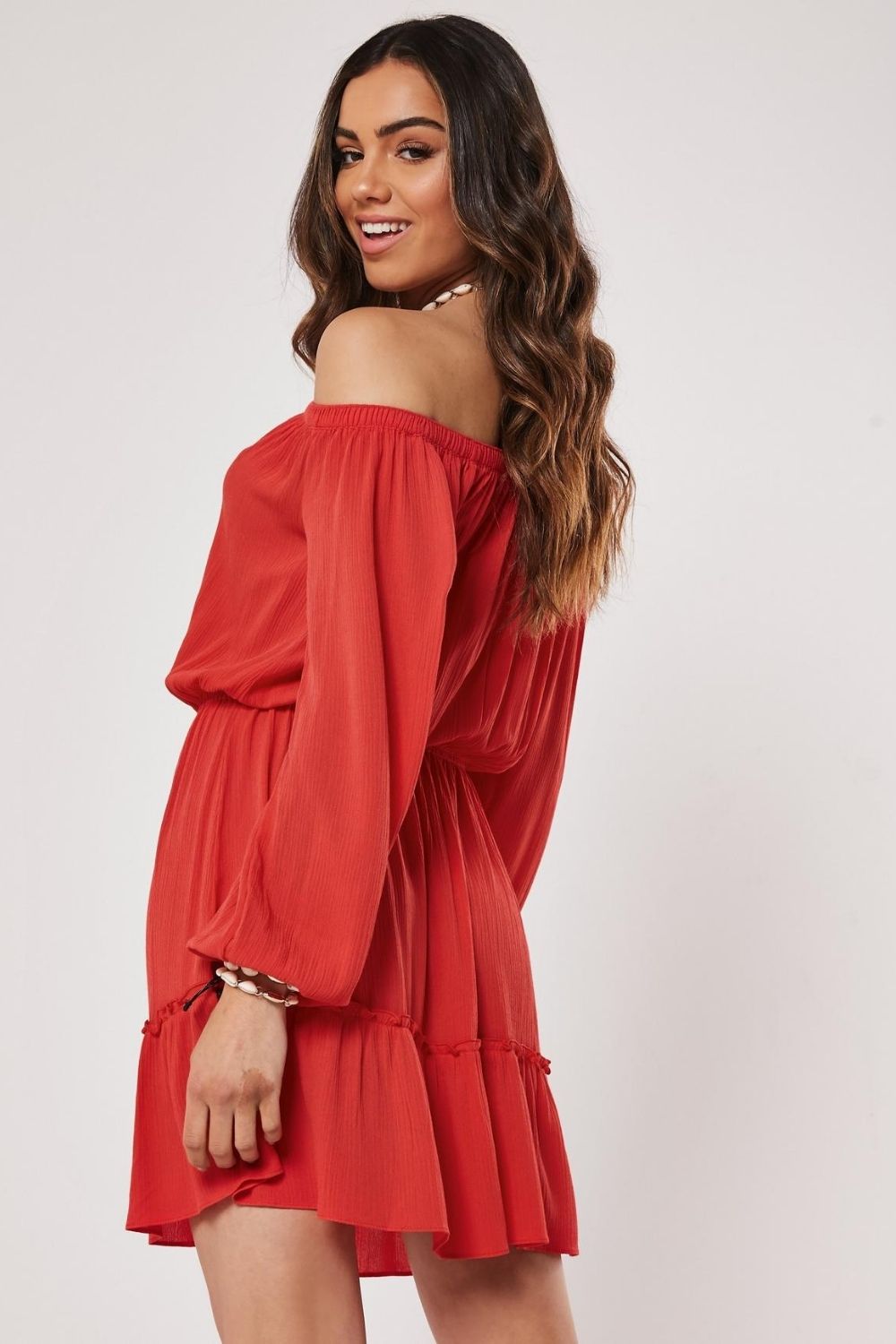 Red Off Shoulder Mini Flare Dress