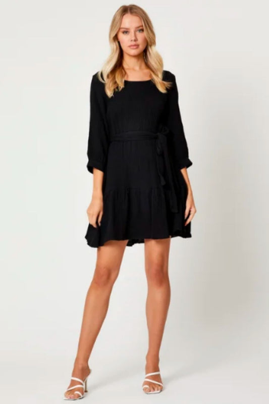 Round Neck Tie Waist Skater Dress