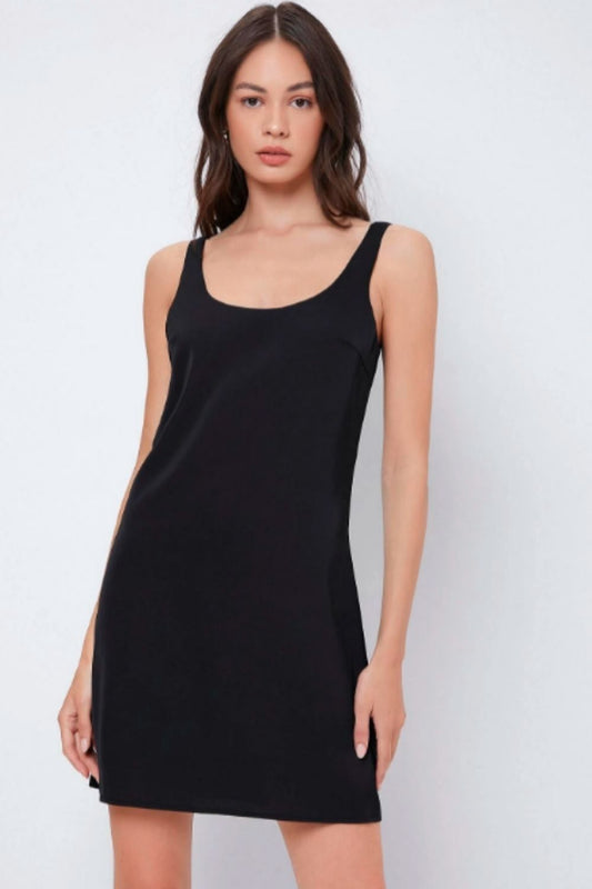 Scoop neck black satin dress