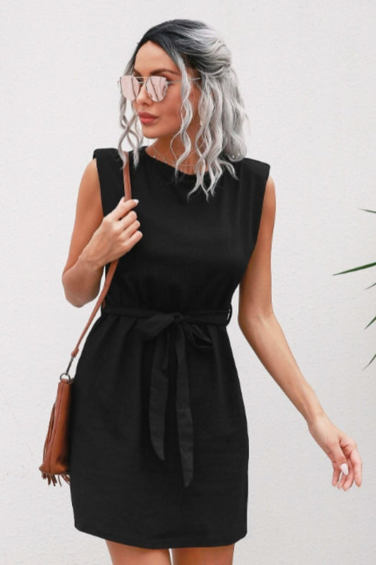 Sleeveless Tie Waist Round Neck Mini Dress