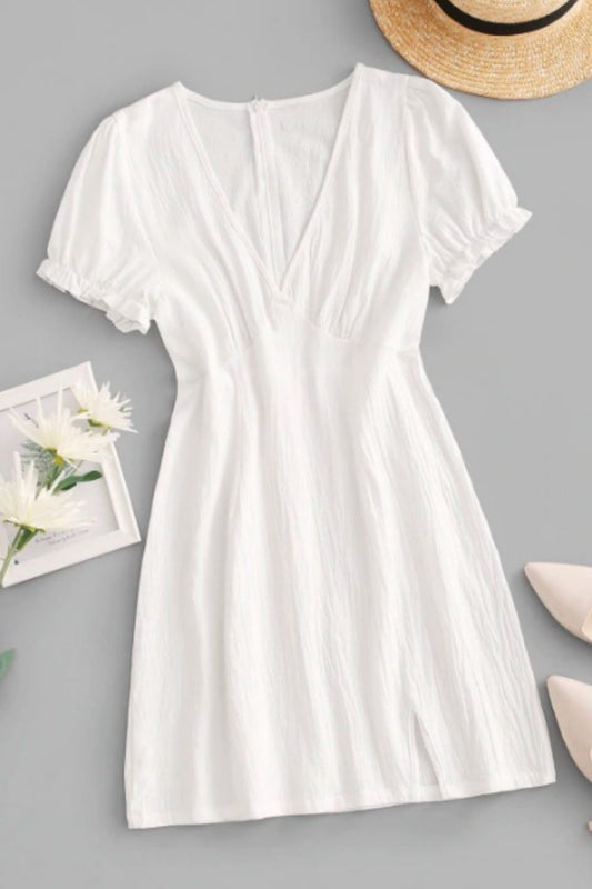 Split Hem Puff Sleeve Dress