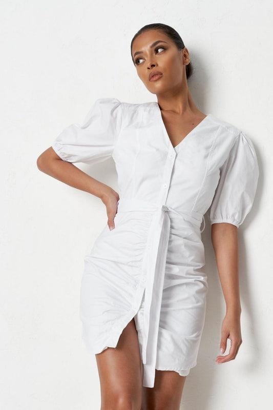 Tie Knot at the waist Open Front White Mini Dress
