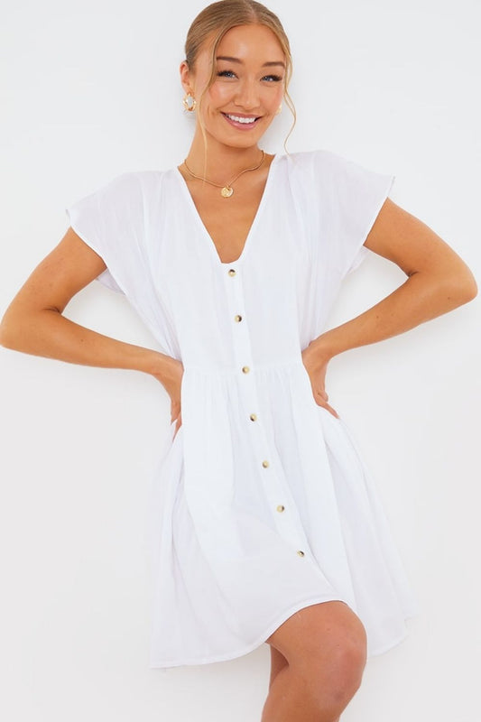 White Button Front Frill Mini Dress