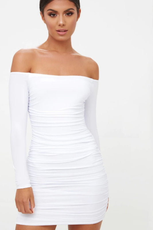 White Off shoulder Full Sleeves Mini Dress